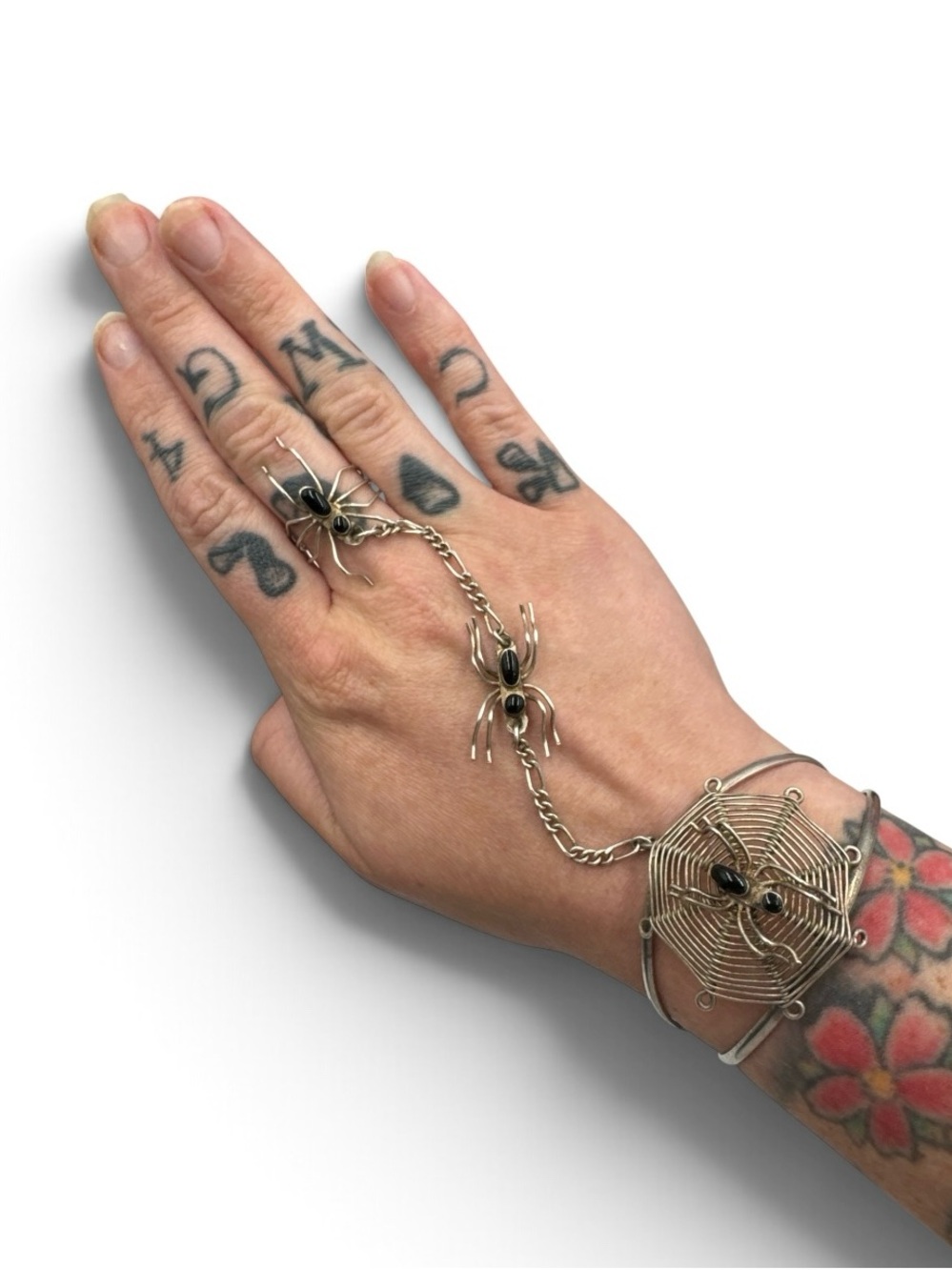 Vintage Silver Plate Onyx Spiderweb Slave Bracelet Adjustable Cuff Ring Gothic
